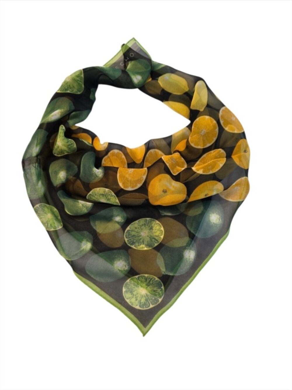 Echo Scarf Vintage Silk Blend Citrus Lemon Orange Lime Green Square